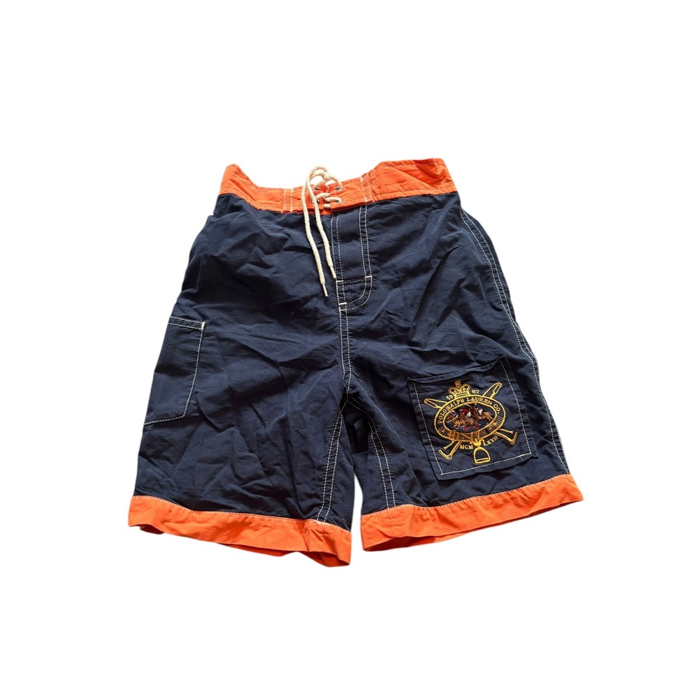 Polo Ralph Lauren Boys Swim Trunks Size 6 Navy Orange‎ Logo Patch